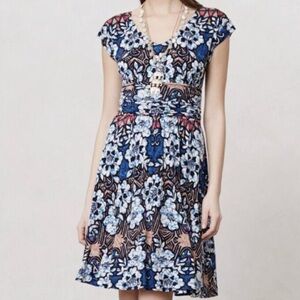 Meadow Rue Blue and White Pleated Midi Dress with Flutter Sleeves